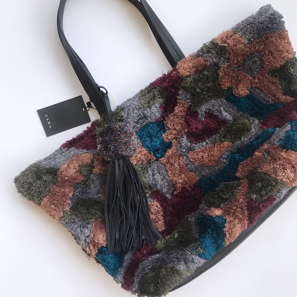 NWT Zara hand made fuzzy colorful tote - Picture 4 of 7